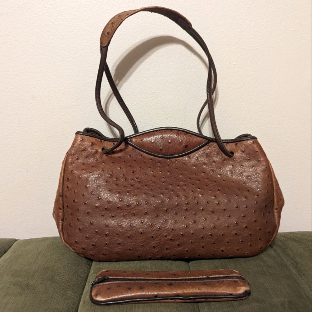 Jo Ann Page Vintage Ostrich Leather Brown Shoulder Bag